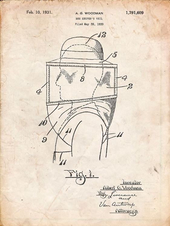 Picture of PP726-VINTAGE PARCHMENT BEE KEEPER HAT AND VEIL PATENT POSTER