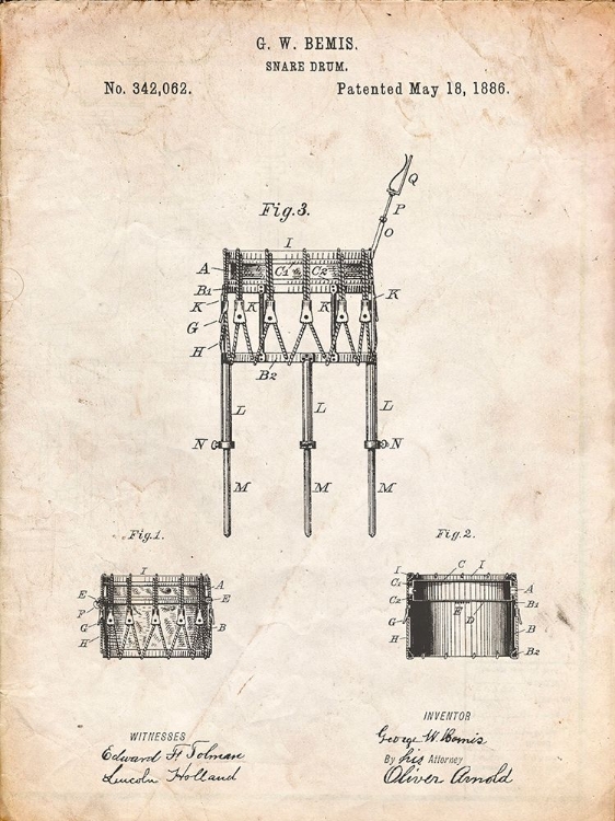 Picture of PP732-VINTAGE PARCHMENT BEMIS MARCHING SNARE DRUM AND STAND PATENT POSTER