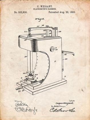 Picture of PP743-VINTAGE PARCHMENT BLACKSMITH HAMMER 1893 PATENT POSTER