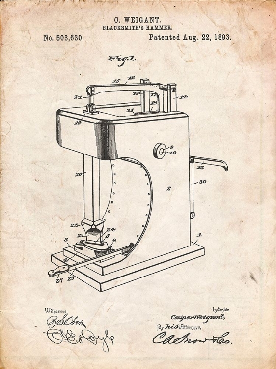 Picture of PP743-VINTAGE PARCHMENT BLACKSMITH HAMMER 1893 PATENT POSTER