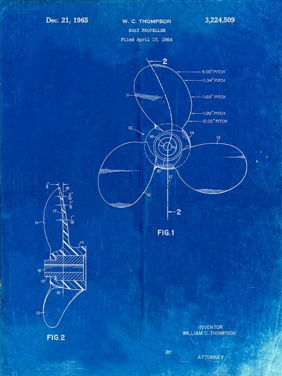 Picture of PP746-FADED BLUEPRINT BOAT PROPELLER 1964 PATENT POSTER