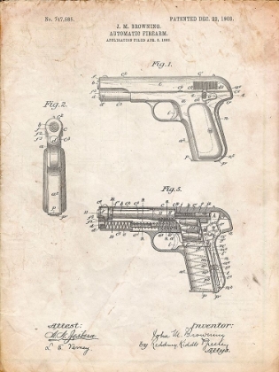 Picture of PP755-VINTAGE PARCHMENT BROWNING NO. 2 HANDGUN PATENT POSTER