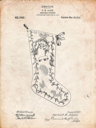 Picture of PP764-VINTAGE PARCHMENT CHRISTMAS STOCKING 1912 PATENT POSTER