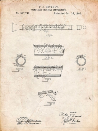Picture of PP768-VINTAGE PARCHMENT CLARINET 1894 PATENT POSTER