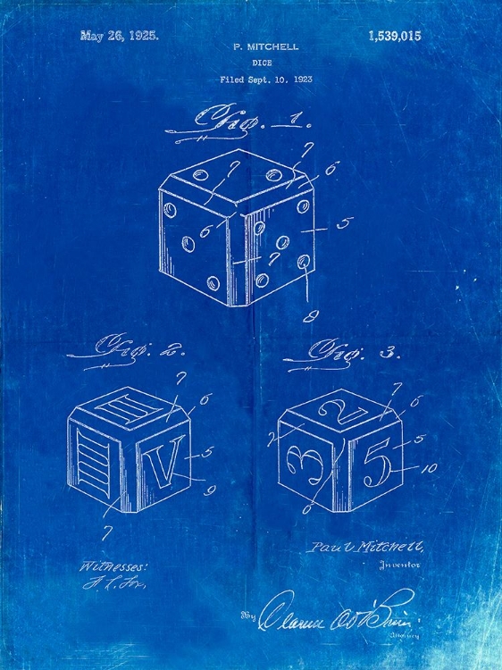 Picture of PP781-FADED BLUEPRINT DICE 1923 PATENT POSTER