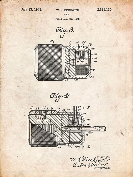 Picture of PP787-VINTAGE PARCHMENT DRILL CHUCK 1943 PATENT POSTER