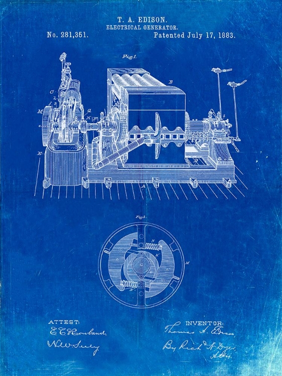 Picture of PP794-FADED BLUEPRINT EDISON ELECTRICAL GENERATOR PATENT ART