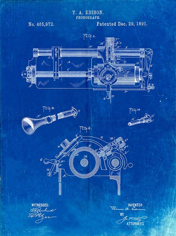 Picture of PP798-FADED BLUEPRINT EDISON PHONOGRAPH PATENT POSTER
