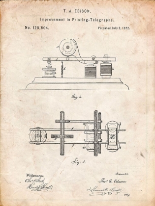 Picture of PP799-VINTAGE PARCHMENT EDISON PRINTING TELEGRAPH PATENT ART