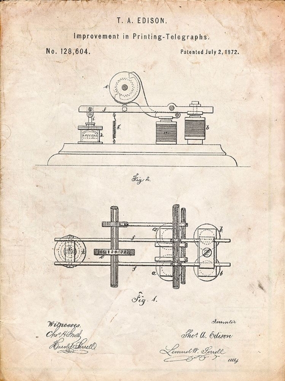 Picture of PP799-VINTAGE PARCHMENT EDISON PRINTING TELEGRAPH PATENT ART