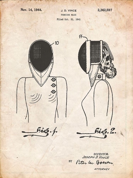 Picture of PP805-VINTAGE PARCHMENT FENCING MASK PATENT POSTER