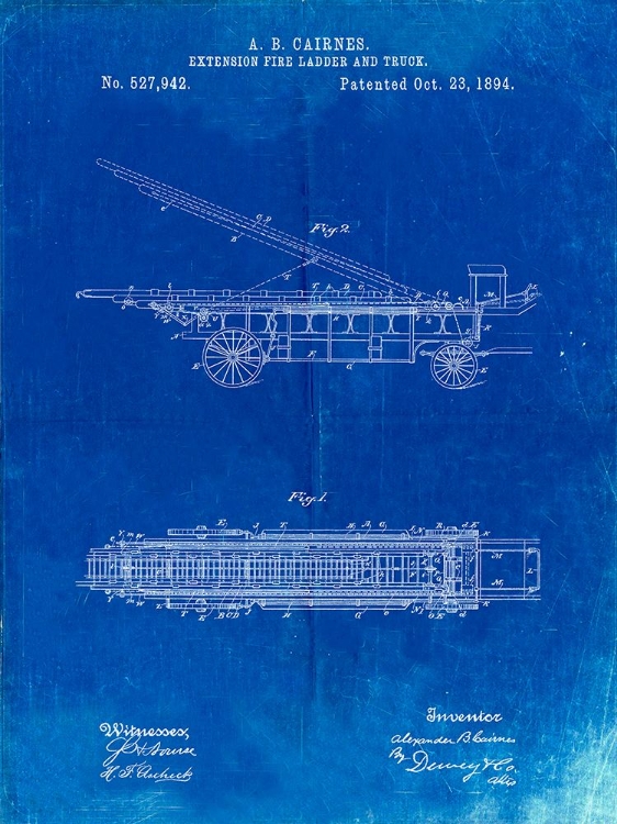 Picture of PP808-FADED BLUEPRINT FIRE EXTENSION LADDER 1894 PATENT POSTER