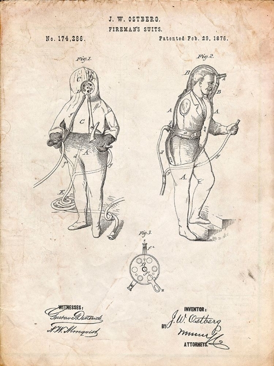 Picture of PP810-VINTAGE PARCHMENT FIREFIGHTER SUIT 1876 PATENT PRINT