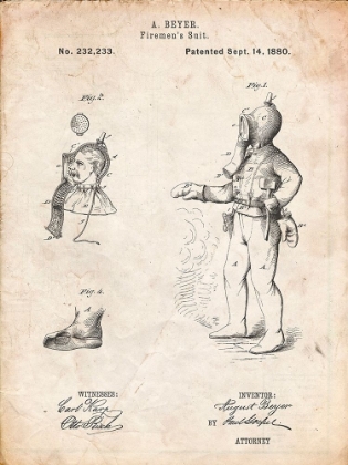Picture of PP811-VINTAGE PARCHMENT FIREFIGHTER SUIT 1880 PATENT POSTER