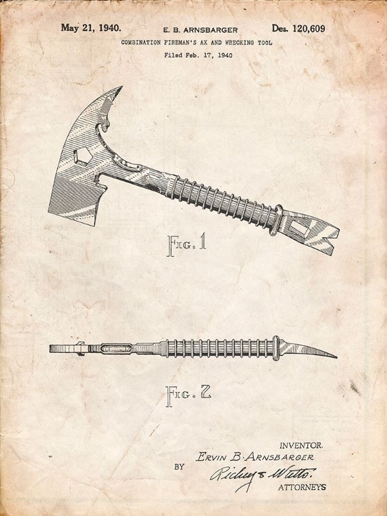 Picture of PP812-VINTAGE PARCHMENT FIREMANS AXE 1940 PATENT POSTER