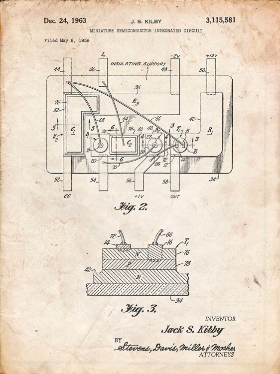Picture of PP813-VINTAGE PARCHMENT FIRST INTEGRATED CIRCUIT PATENT POSTER