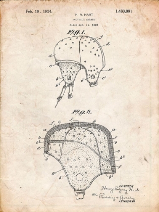 Picture of PP827-VINTAGE PARCHMENT FOOTBALL HELMET PATENT 1922 WALL ART POSTER