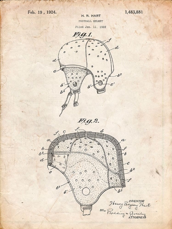 Picture of PP827-VINTAGE PARCHMENT FOOTBALL HELMET PATENT 1922 WALL ART POSTER