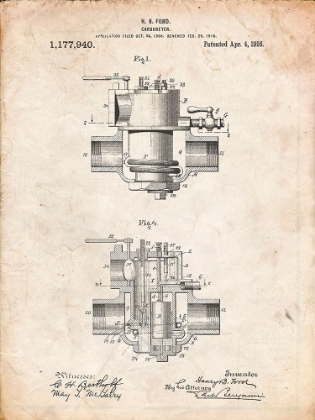 Picture of PP835-VINTAGE PARCHMENT FORD CARBURETOR 1916 PATENT POSTER