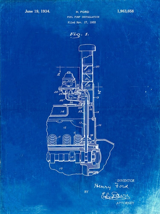 Picture of PP842-FADED BLUEPRINT FORD FUEL PUMP 1933 PATENT POSTER