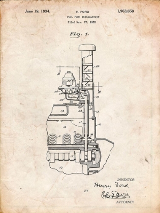 Picture of PP842-VINTAGE PARCHMENT FORD FUEL PUMP 1933 PATENT POSTER