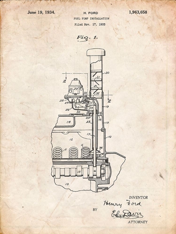 Picture of PP842-VINTAGE PARCHMENT FORD FUEL PUMP 1933 PATENT POSTER