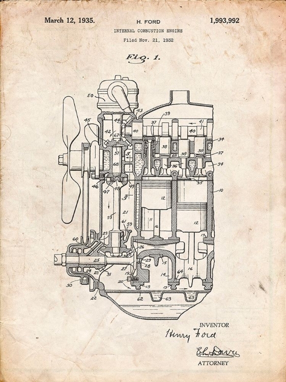 Picture of PP843-VINTAGE PARCHMENT FORD INTERNAL COMBUSTION ENGINE PATENT POSTER