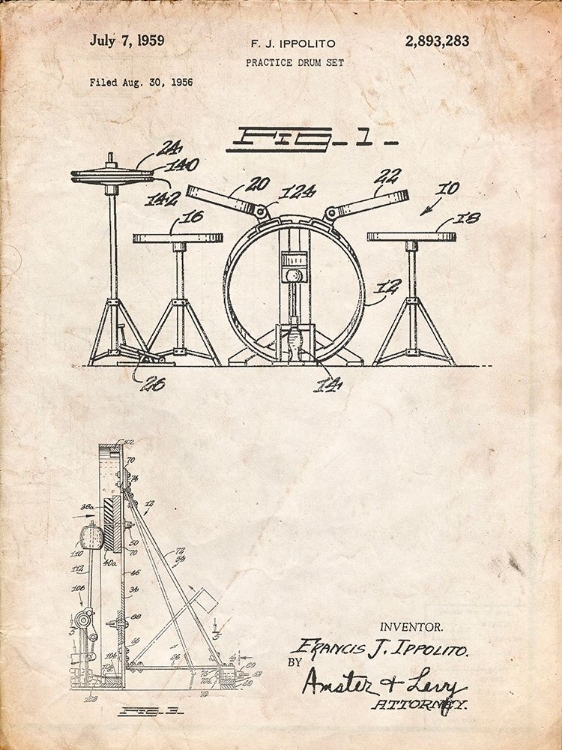 Picture of PP852-VINTAGE PARCHMENT FRANK IPPOLITO PRACTICE DRUM SET PATENT POSTER