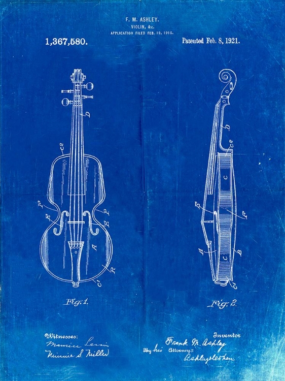Picture of PP853-FADED BLUEPRINT FRANK M. ASHLEY VIOLIN PATENT POSTER