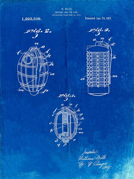 Picture of PP866-FADED BLUEPRINT HAND GRENADE 1915 PATENT POSTER