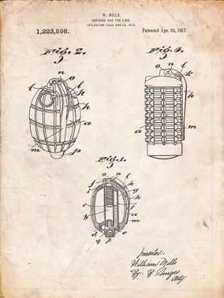 Picture of PP866-VINTAGE PARCHMENT HAND GRENADE 1915 PATENT POSTER
