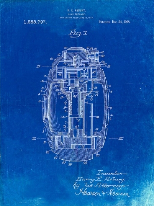 Picture of PP868-FADED BLUEPRINT HAND GRENADE WORLD WAR 1 PATENT POSTER