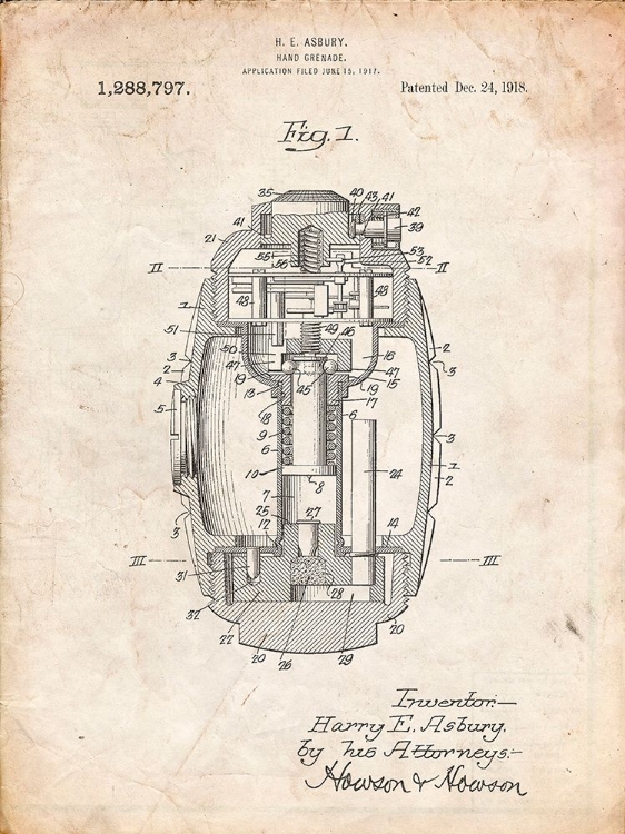 Picture of PP868-VINTAGE PARCHMENT HAND GRENADE WORLD WAR 1 PATENT POSTER