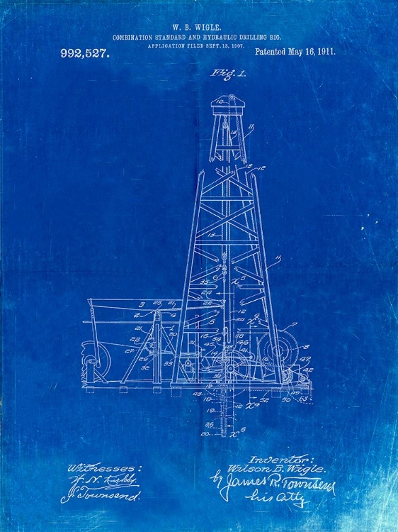 Picture of PP886-FADED BLUEPRINT HYDRAULIC DRILLING RIG PATENT POSTER