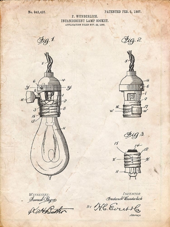 Picture of PP890-VINTAGE PARCHMENT INCANDESCENT LAMP SOCKET PATENT POSTER