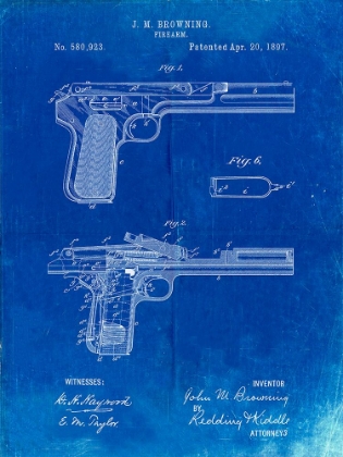 Picture of PP894-FADED BLUEPRINT J.M. BROWNING PISTOL PATENT POSTER