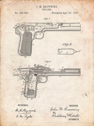 Picture of PP894-VINTAGE PARCHMENT J.M. BROWNING PISTOL PATENT POSTER