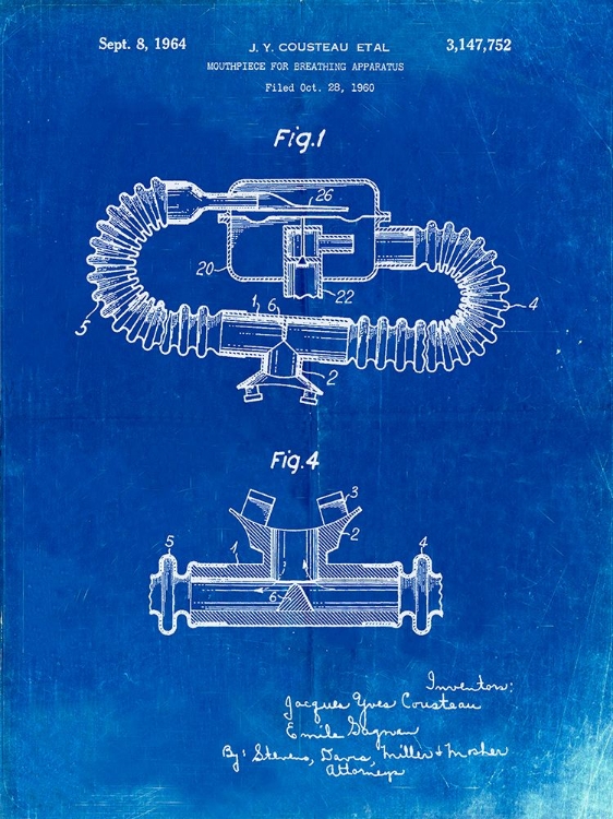 Picture of PP896-FADED BLUEPRINT JACQUES COUSTEAU DIVING MOUTHPIECE PATENT POSTER