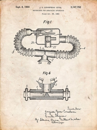 Picture of PP896-VINTAGE PARCHMENT JACQUES COUSTEAU DIVING MOUTHPIECE PATENT POSTER