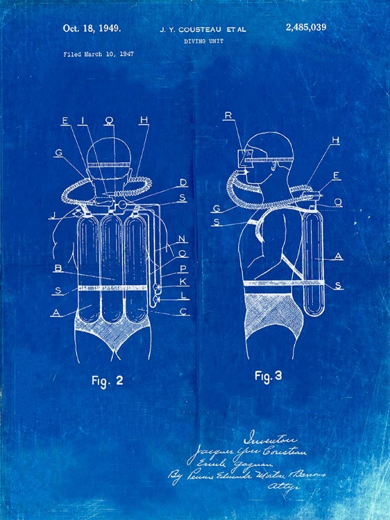 Picture of PP897-FADED BLUEPRINT JACQUES COUSTEAU DIVING SUIT PATENT POSTER