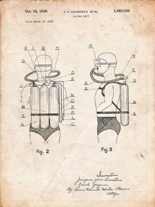 Picture of PP897-VINTAGE PARCHMENT JACQUES COUSTEAU DIVING SUIT PATENT POSTER