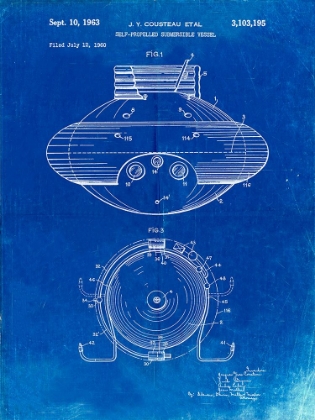 Picture of PP898-FADED BLUEPRINT JACQUES COUSTEAU SUBMERSIBLE VESSEL PATENT POSTER