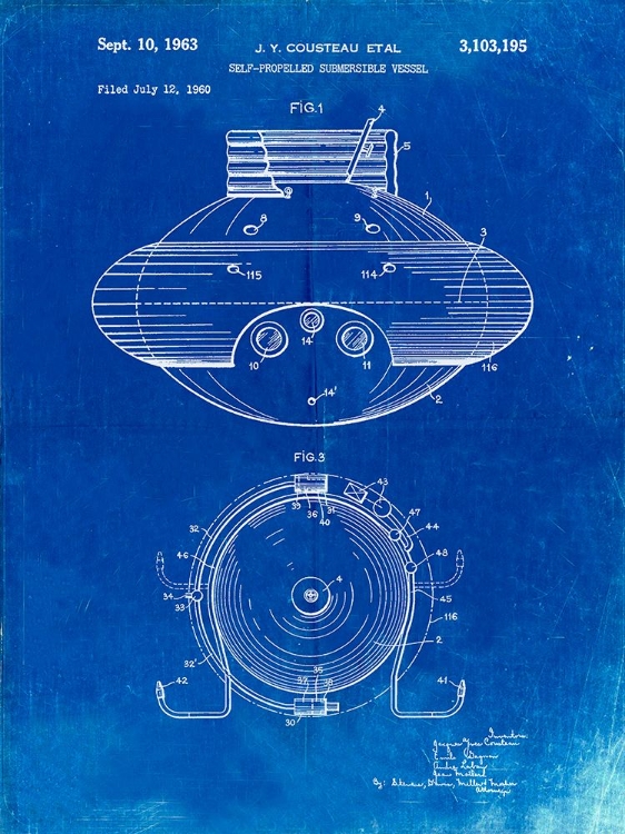 Picture of PP898-FADED BLUEPRINT JACQUES COUSTEAU SUBMERSIBLE VESSEL PATENT POSTER