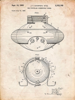 Picture of PP898-VINTAGE PARCHMENT JACQUES COUSTEAU SUBMERSIBLE VESSEL PATENT POSTER