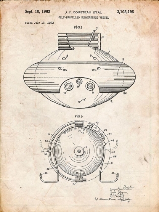 Picture of PP898-VINTAGE PARCHMENT JACQUES COUSTEAU SUBMERSIBLE VESSEL PATENT POSTER