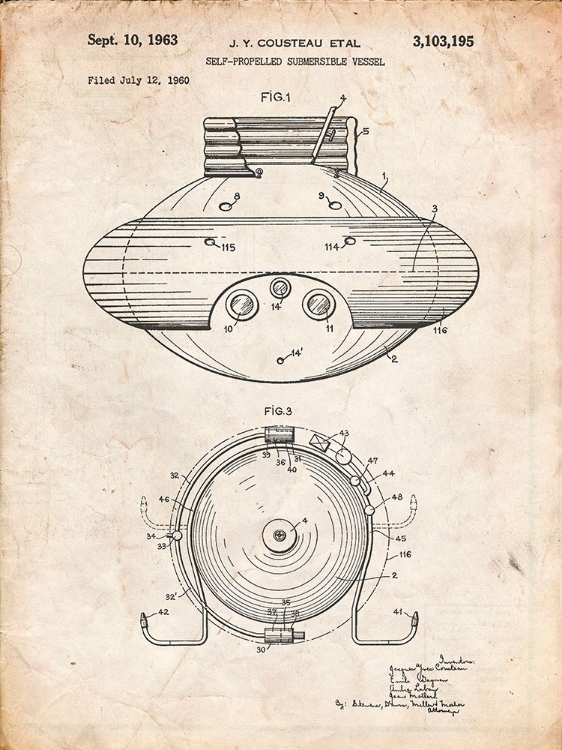 Picture of PP898-VINTAGE PARCHMENT JACQUES COUSTEAU SUBMERSIBLE VESSEL PATENT POSTER