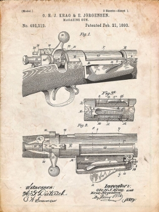 Picture of PP913-VINTAGE PARCHMENT KRAG JÃRGENSEN REPEATING RIFLE PATENT PRINT