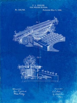 Picture of PP918-FADED BLUEPRINT LAST SHOLES TYPEWRITER PATENT POSTER