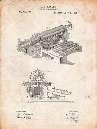 Picture of PP918-VINTAGE PARCHMENT LAST SHOLES TYPEWRITER PATENT POSTER