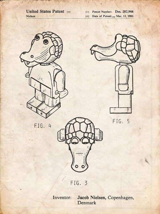 Picture of PP922-VINTAGE PARCHMENT LEGO CROCODILE PATENT POSTER